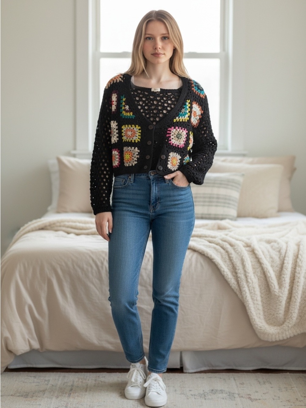 Debut Granny Square Crop Cardigan Sweater